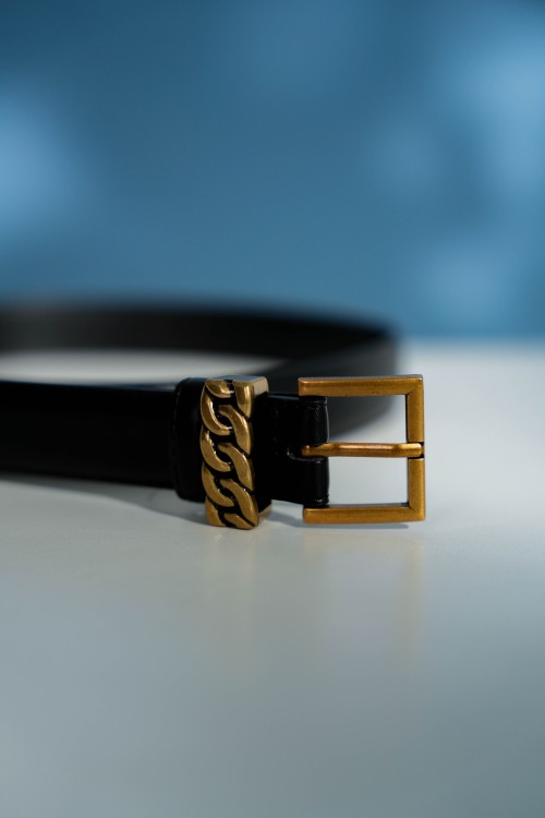 Sixdo Black Leather Belt With Chain Detail